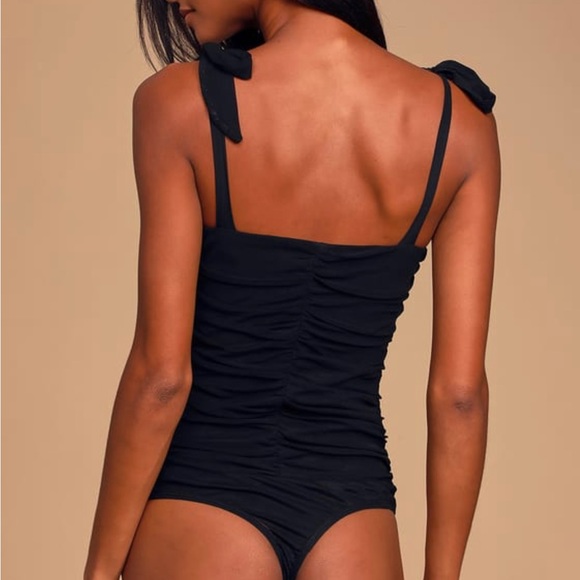 LuLus Eye On Me Black Mesh Tie-Front Ruched Bodysuit (MEDIUM) - Picture 3 of 10